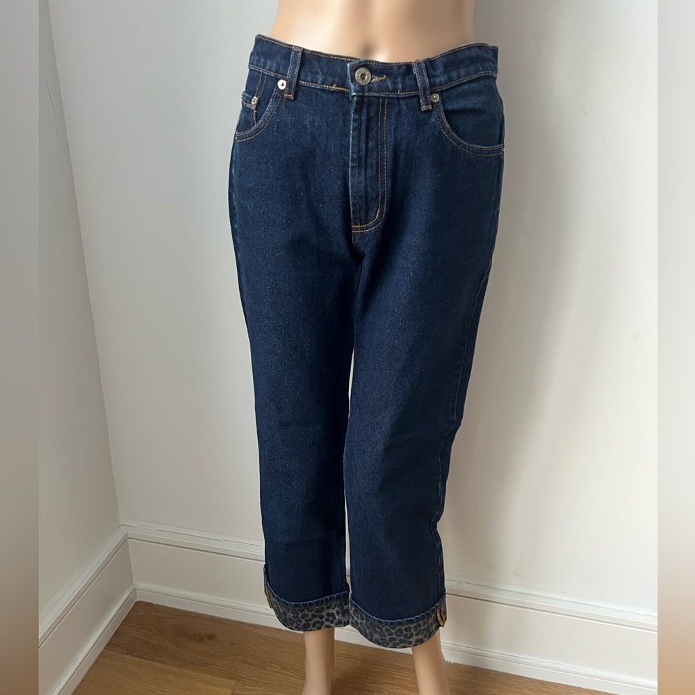 Express Dark Blue Ankle Jeans with Leopard Trim